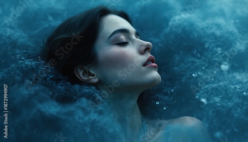 Abstract portrait of young woman floats in water with closed eyes. Serene face reflects peace. Calm expression shows emotional experience, subconscious journey, artistic creativity, inner vision,