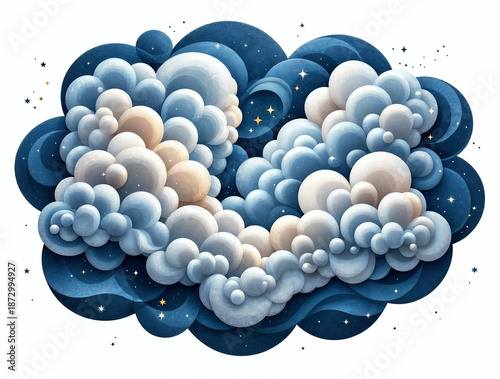 Abstract whimsical cloud illustration with layered blue, white, and beige bubble-like elements against a deep blue starry night sky background. Graphic art evoking dreams, imagination, and t