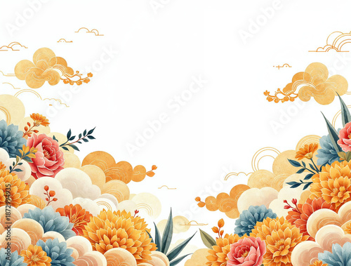 Elegant Asian-inspired floral border with vibrant chrysanthemums, roses, and golden auspicious clouds on a white background, perfect for traditional design and celebration.