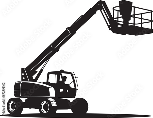 Boom lift silhouette vector illustration isolated on transparent background, telehandler manlift outline, aerial work platform simple icon