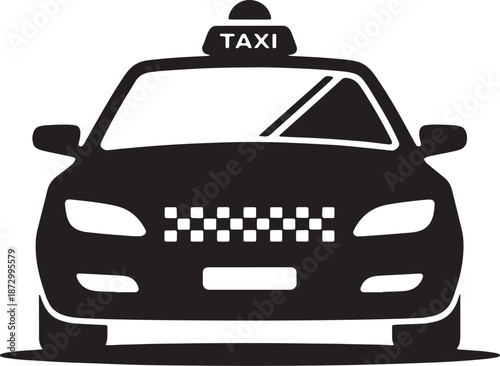 Front view of black taxi car with checkered grille on transparent background, simple cab auto silhouette for transportation apps, urban travel, or vehicle design projects