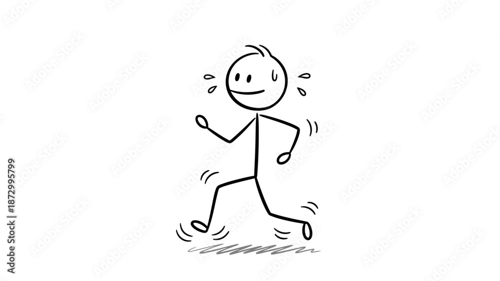 Obraz premium Stick Figure Man Running or Jogging, Sweating and Looking Stressed or Exhausted on Isolated White Background.