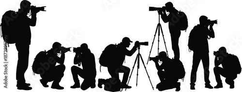 Black silhouettes of professional photographers taking photos, cameramen with tripods and backpacks, travelers shooting with DSLR cameras, isolated vector illustration set for design