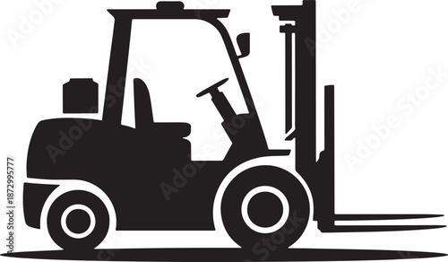 Side view silhouette of a standard warehouse forklift truck with mast and forks lifted slightly isolated on transparent background for logistics icons