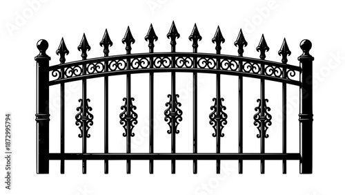 Classic wrought iron fence illustration featuring spearhead finials and symmetrical ornamental details. Black and white vintage metal gate design suitable for architecture visuals, fencing concepts