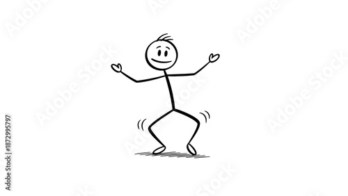 Stick Figure Man Crouching with Bent Knees and Arms Open, Expressing Happiness or Readiness to Jump on Isolated White Background.