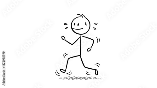 Stick Figure Man Running or Jogging, Sweating and Looking Stressed or Exhausted on Isolated White Background.
