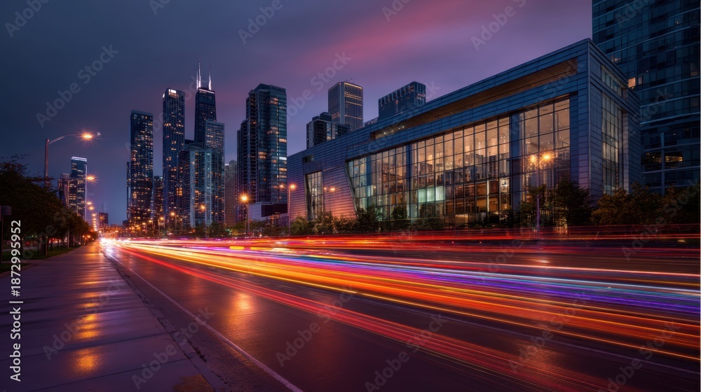 Fototapeta premium Dynamic city lights at dusk with skyscrapers and light trails.