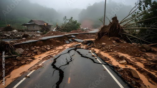 Damaged road with landslides and destruction in a rural landscape after heavy rainfall