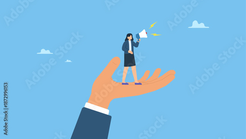 Giant hand help businesswoman employee to speak out with megaphone. Empower or encourage employee to speak out, talk or discuss to solve business problem, listening to feedback or opinion.