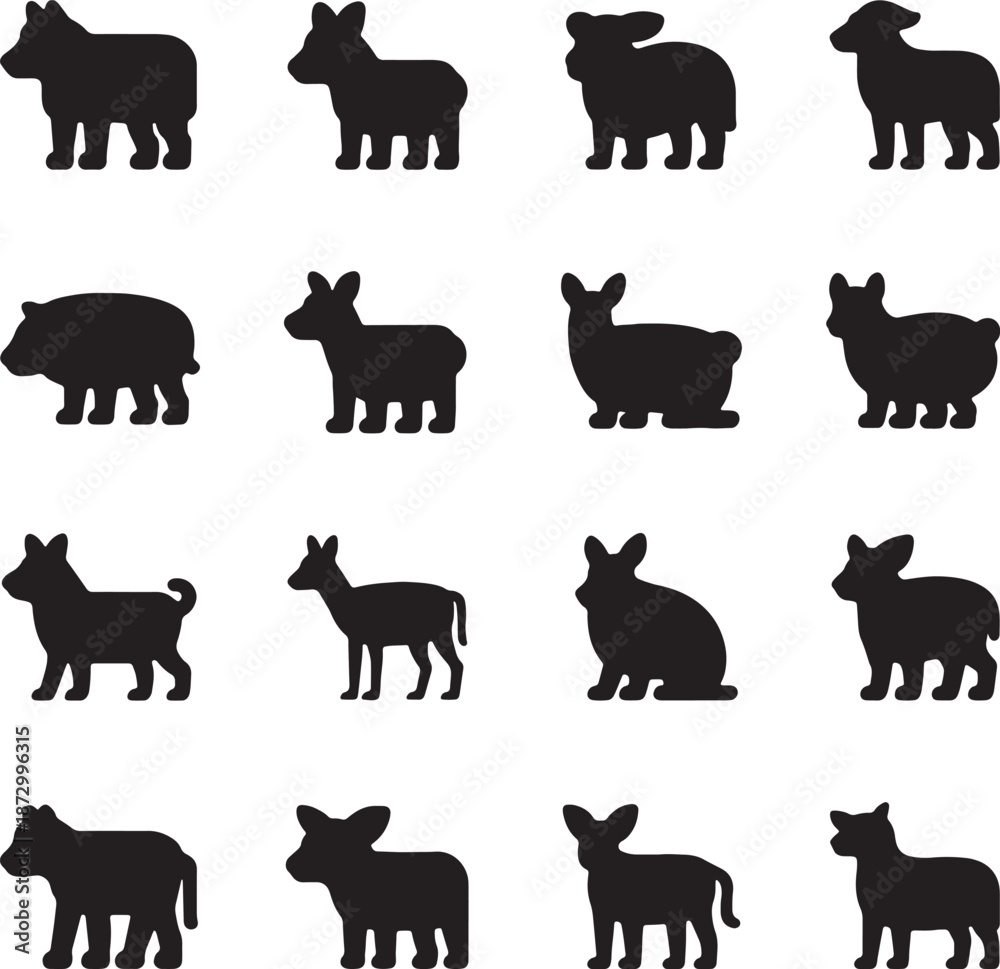 Fototapeta premium Collection of farm and domestic animal silhouettes on transparent background for design, illustration, graphic, print, textile, wallpaper, safari, zoo, pet, farm animals, vector icons, simple style