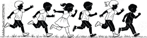 Children running silhouettes in playful motion, boys and girls outdoor activity, childhood freedom happiness concept, teamwork energy movement, vector illustration