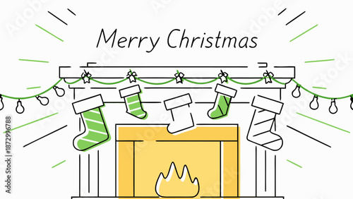 Illustration of a fireplace with christmas stockings and lights and the words merry christmas above it