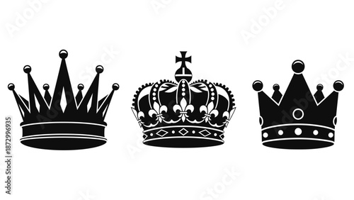Collection of ornate royal crown silhouettes in black, isolated white background