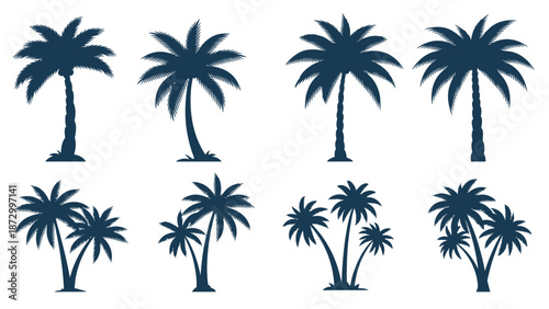 Set of tropical palm tree silhouettes with various shapes, isolated white background