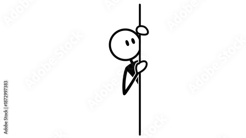 Stick Figure Man Peeking Around Corner or Behind Wall, Expressing Curiosity or Secrecy on Isolated White Background.