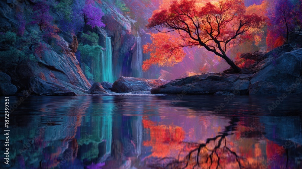 Fototapeta premium Vibrant fantasy landscape with waterfall and colorful tree reflection in tranquil lake.