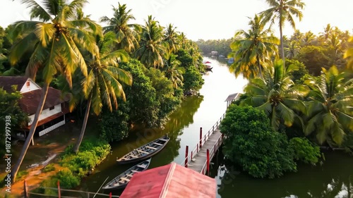 Tropical River Landscape with Red Hut.