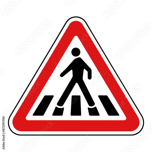 Pedestrian crossing warning road sign, traffic safety symbol for crosswalk awareness, urban walking protection and accident prevention
