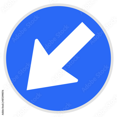 Mandatory keep right traffic sign, blue circular road symbol for lane direction, navigation and driving regulation