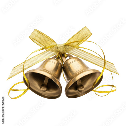 Two golden brass bells tied with a shiny yellow ribbon and bow isolated on a transparent background image