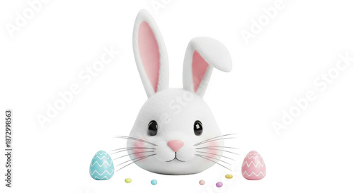 White fluffy bunny face with pink ears surrounded by colorful Easter eggs and candies isolated on a transparent background