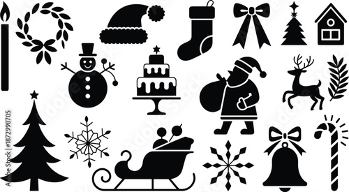 Christmas holiday icons silhouettes set with Santa tree snowman gifts wreath bell sleigh candle stockings bow reindeer festive decorations vector