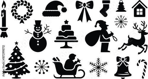 Christmas holiday icon silhouettes set with Santa snowman tree sleigh reindeer candle wreath bow stocking festive vector design black minimalist