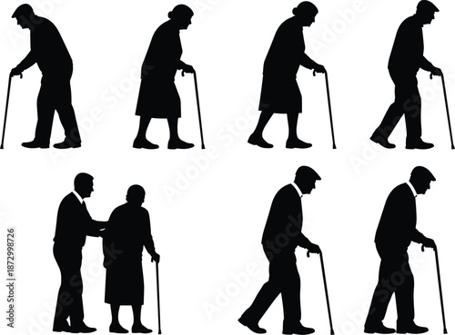 Elderly walking silhouettes with cane and caregiver support showing senior health care assistance aging mobility black minimalist vector illustration set