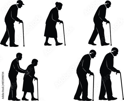 Elderly people walking silhouettes with canes showing senior care assistance mobility support aging health black minimalist vector illustration set design