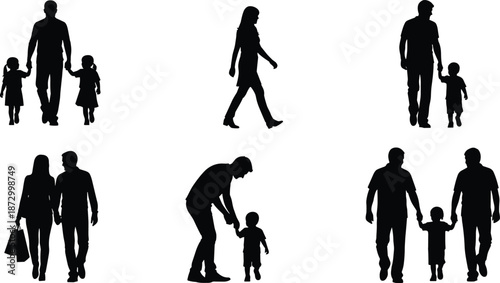 Family silhouettes walking together parents and children showing love care bonding daily life moments black minimalist vector illustration set design