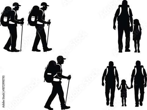 Outdoor hiking silhouettes of backpackers and family walking together, adventure travel, trekking lifestyle, nature exploration, minimalist black vector illustration design