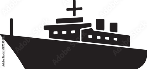 Black silhouette icon of a large modern cruise ship or ferry boat viewed from side profile suitable for maritime travel transport concepts