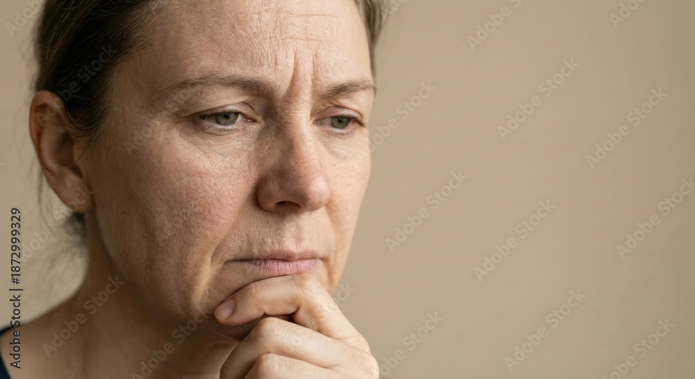 Fototapeta premium Senior woman thinking, pensive expression, hand on chin, looking down Concept of contemplation, worry, or deep thought