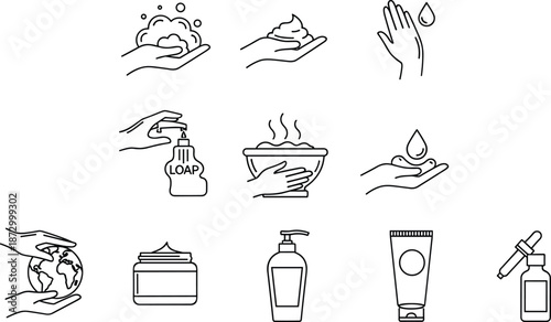 Collection of line art icons for hand hygiene, skincare, and global care concepts.