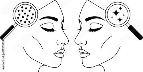 Line art illustration of a woman's face with a magnifying glass showing clear, sparkling skin.
