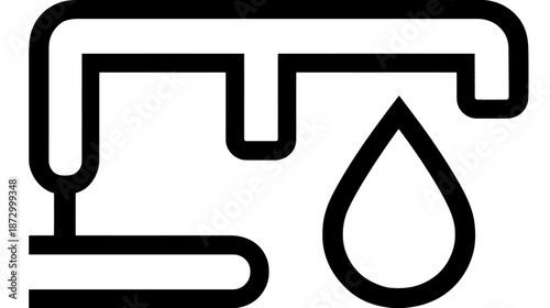 Dripping faucet line icon symbolizing water waste and conservation, a minimalist black outline illustration of a leaky tap with a drop.