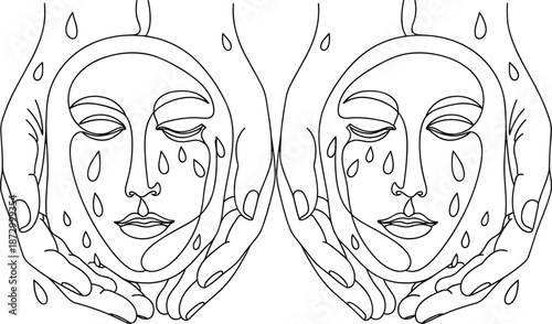 Dual line art illustration of hands cradling a crying face with falling tears.