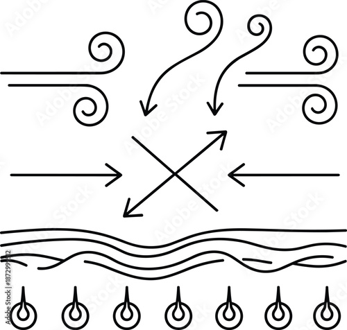Abstract graphic representing wind, water currents, and rain with directional arrows.