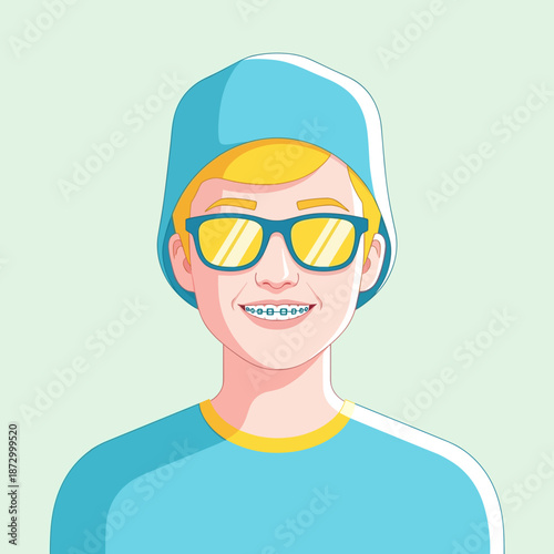 Teen with dental braces smiling in sunglasses and casual clothing  