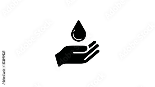 Water drop falling onto an open hand icon, symbolizing water conservation, hygiene, saving precious resources, and environmental care.