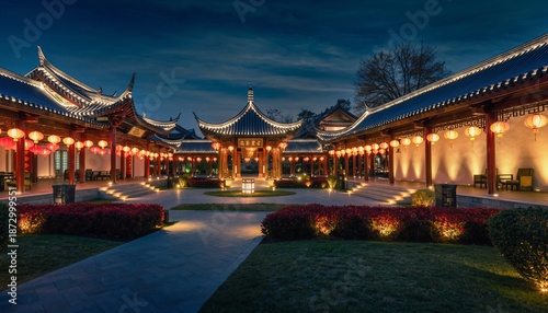 Beautiful Chinese Courtyard at Night with Traditional Architecture and Lanterns.
