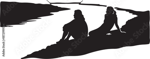 Silhouette of two people sitting by serene river landscape
