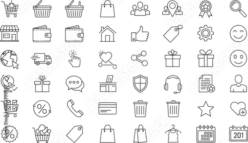 Variety of shopping and e-commerce icons, showcasing consumerism, online transactions, and customer engagement.