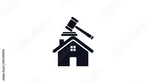 Auction Hammer over House: A symbolic representation of an auction hammer poised above a house, signifying property sale or real estate transactions.