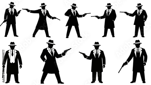 Silhouette Gangsters: Dramatic black and white silhouettes capture the essence of clandestine figures in classic gangster attire, each poised with a weapon.