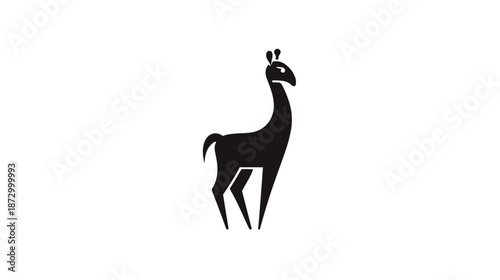 Stylized black silhouette of a llama or alpaca-like animal standing, isolated on a white background. Minimalist graphic design.
