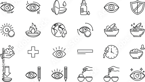 Ophthalmology and eye care icons: eyes, contact lenses, drops, and vision symbols.