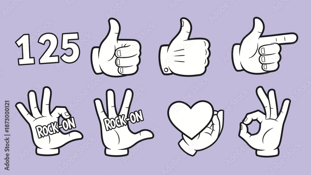 Fototapeta premium Collection of White Hand Gestures and Thumbs Up Icons on Pastel Purple Background