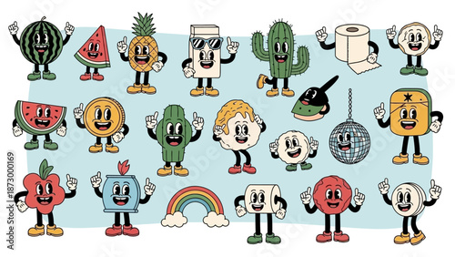Retro Cartoon Characters Collection of Fruits, Objects, and Plants
